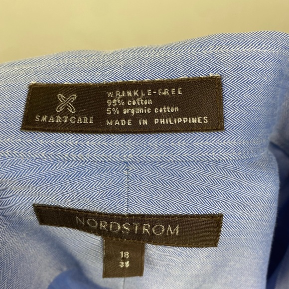 Nordstrom Men’s Blue Smartcare Organic Wrinkle Free Button Down Shirt 18 Neck - Picture 6 of 10